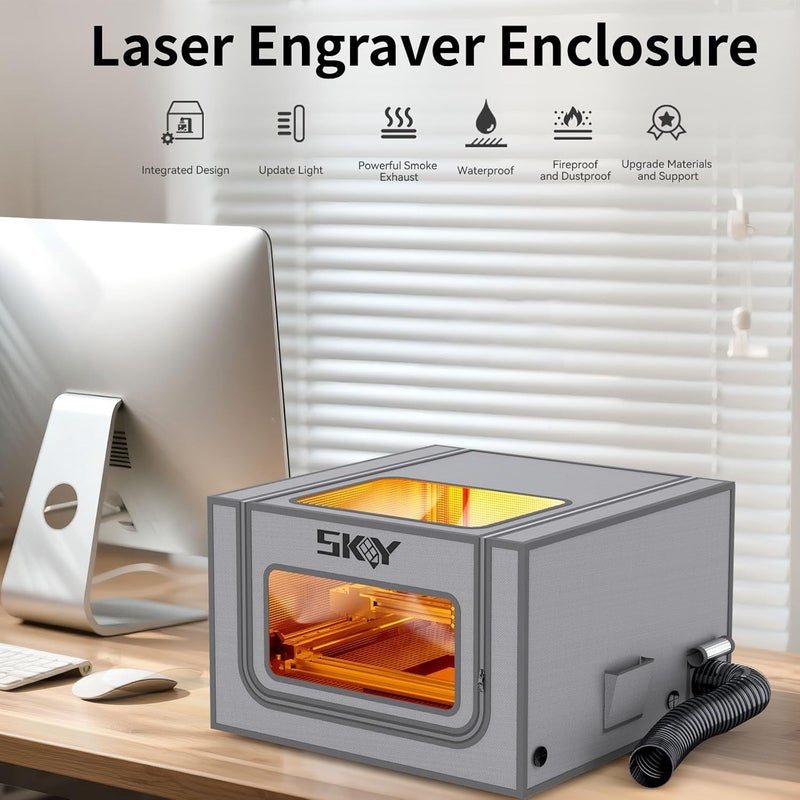 Skouphy Laser Engraver Integrated Enclosure with LED Light, Fireproof and Dustproof Protective Cover 28.3 * 28.3 * 15.7, Exhaust Fan 4500RPM and Pipe, Against Smoke Odor and Noise Eye Protection -Grey - Image 2